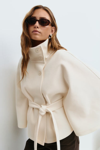 Cape Jas Dames Regular Fit Hoge Kraag Strik Ceintuur Winter