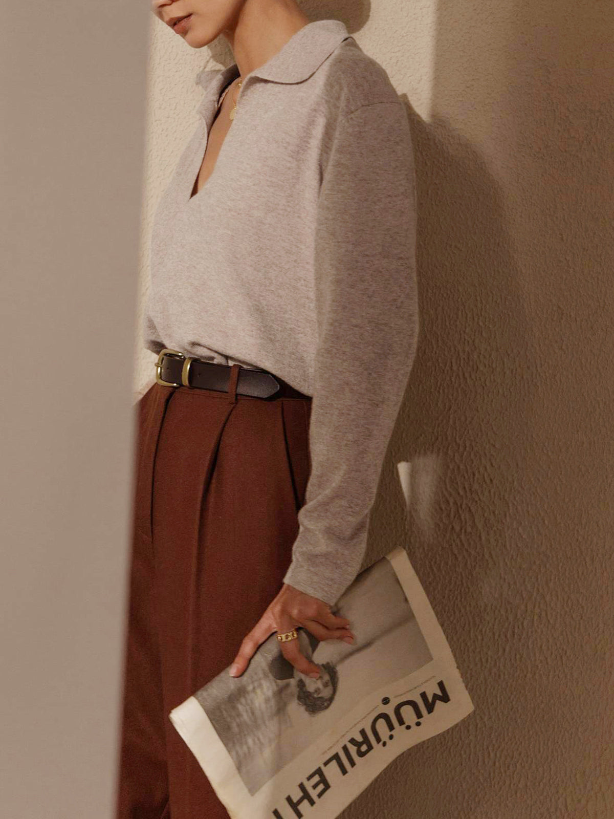 Dames Gebreide Sweater Met Collared V-neck Pasvorm
