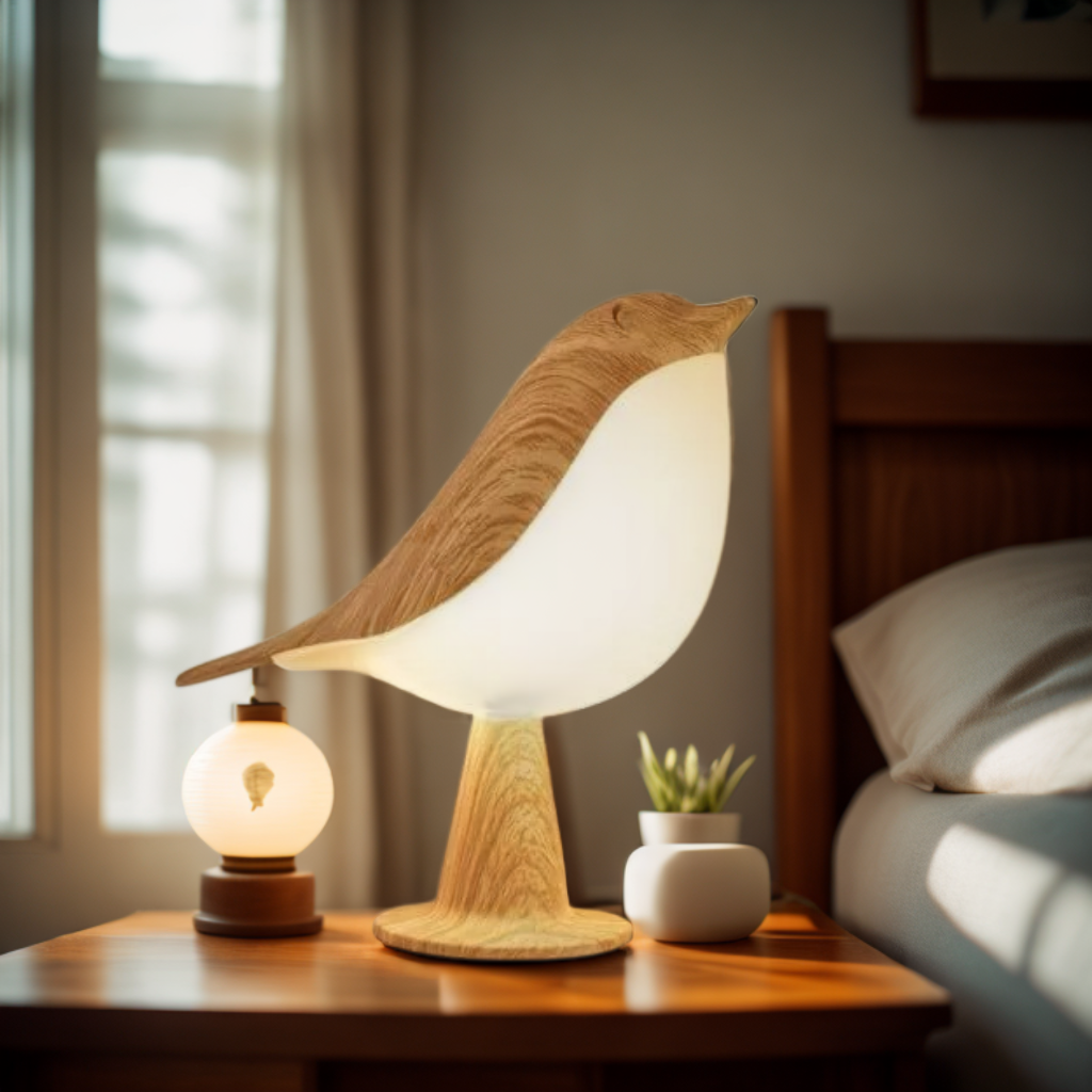 Vogelvormige houten tafellamp – sfeervolle decoratieve nachtlamp