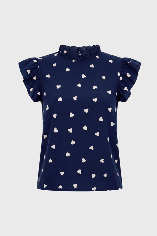 Top Dames Hartenprint Ruffle Mouwen Hoge Hals Casual