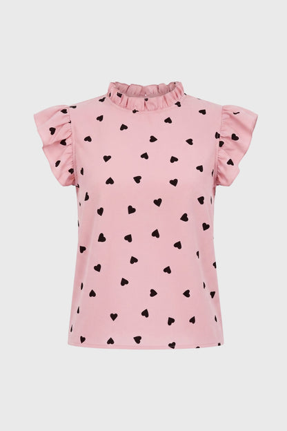 Top Dames Hartenprint Ruffle Mouwen Hoge Hals Casual